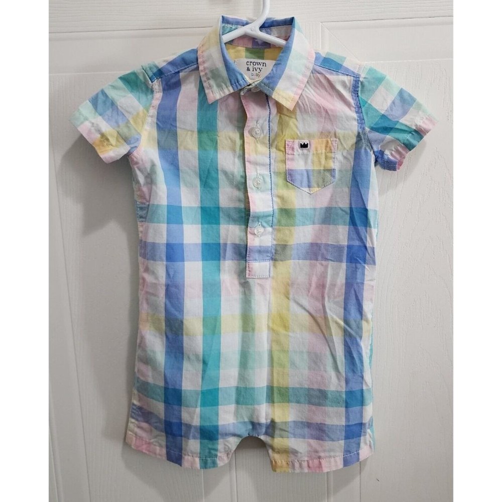Crown & Ivy Baby Boy Short Sleeve Collared One Piece Bodysuit Plaid Size 12M